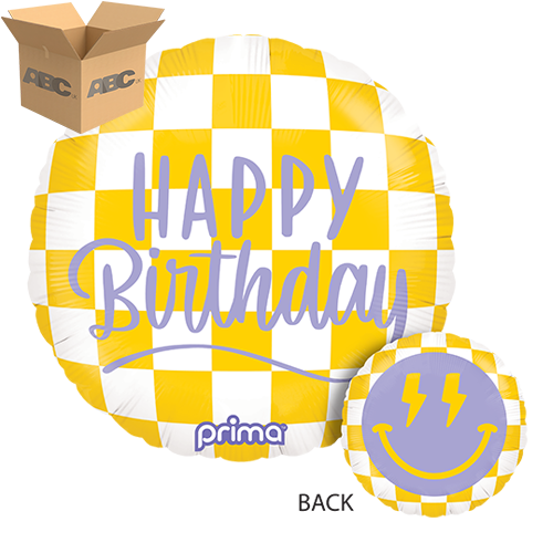 18” Round Happy Face Checker Birthday (Case of 50) - Prima