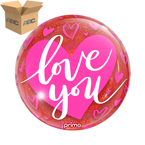 10" Air-Filled Love You Pink Hearts Red Glitter Sphere (Case of 50) - Prima