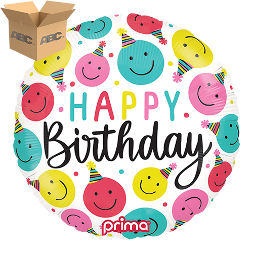 [PF-BSMI-18-50-1-CASE] 18” Round Birthday Happy Faces (Case of 50) - Prima