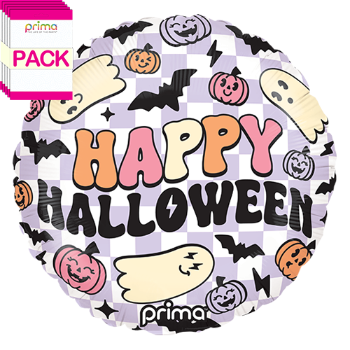 [PF-0009-18-50-1-BAND] 18" Round Happy Halloween Purple Checker (Pack of 5) - Prima
