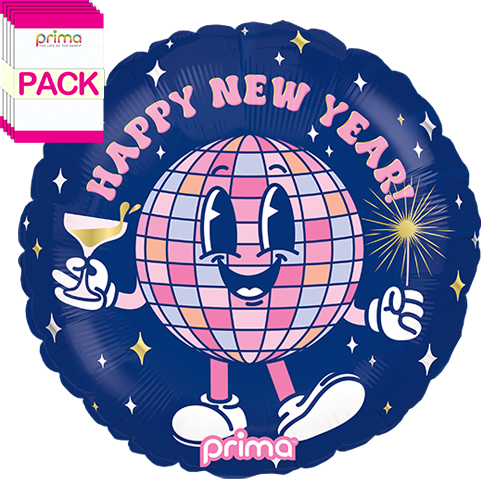 [PF-0022-18-50-1-BAND] 18" Round Happy New Year Disco Ball Buddy (Pack of 5) - Prima