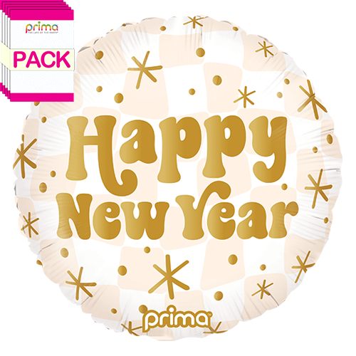 [PF-0025-18-50-1-BAND] 18" Round Happy New Year Gold & Neutral Checker (Pack of 5) - Prima