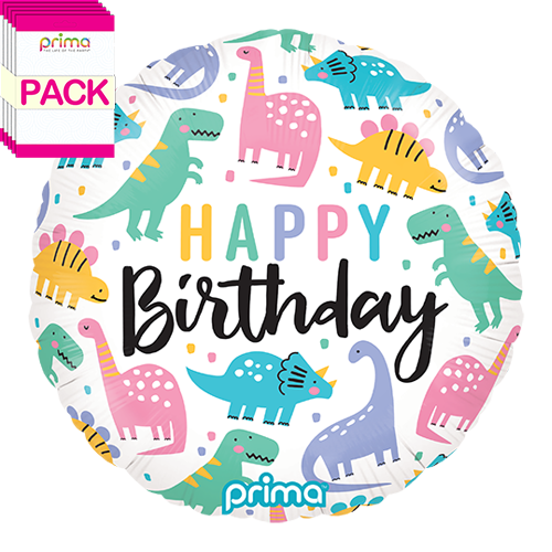 [PF-CDNO-18-50-1-BAND] 18” Round Birthday Colorful Dinos (Pack of 5) - Prima