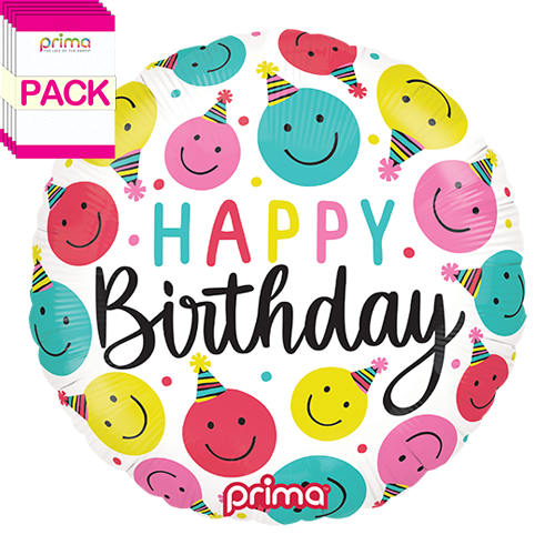 [PF-BSMI-18-50-1-BAND] 18” Round Birthday Happy Faces (Pack of 5) - Prima