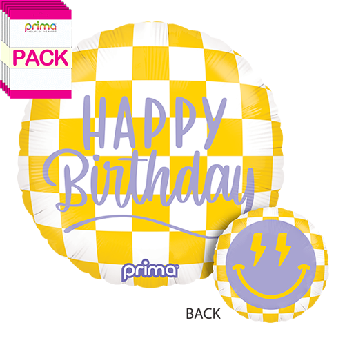 [PF-SMCK-18-50-1-BAND] 18” Round Happy Face Checker Birthday (Pack of 5) - Prima