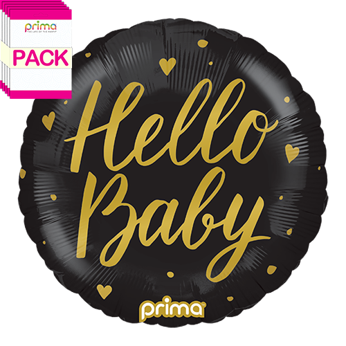 [PF-HBBK-18-50-1-BAND] 18” Round Hello Baby Black (Pack of 5) - Prima