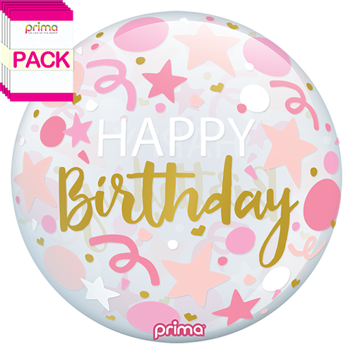 [PS-PSTR-22-50-1-BAND] 20” Pink Stars Happy Birthday Sphere (Pack of 10) - Prima
