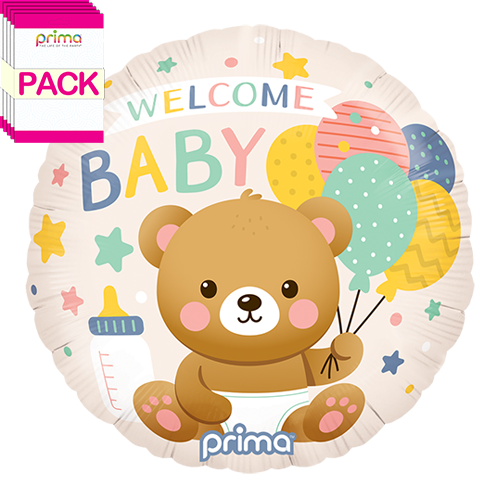 [PF-0032-18-50-1-BAND] 18" Welcome Baby Bear & Balloons  (Pack of 5) - Prima