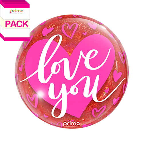 [PS-0103-10-50-1-BAND] 10" Air-Filled Love You Pink Hearts Red Glitter Sphere (Pack of 5) - Prima