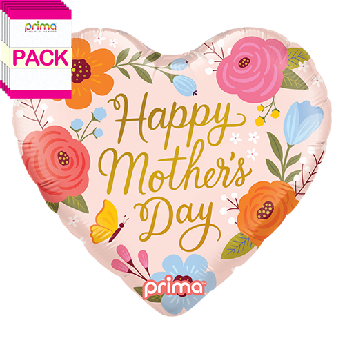 [PF-0149-18-50-1-BAND] 18" Heart Happy Mother's Day Trendy Flowers & Butterfly (Pack of 5) - Prima