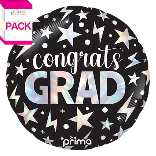[PF-0161-18-50-1-BAND] 18" Round Congrats Grad Holographic Stars & Lightning Bolts (Pack of 5) - Prima