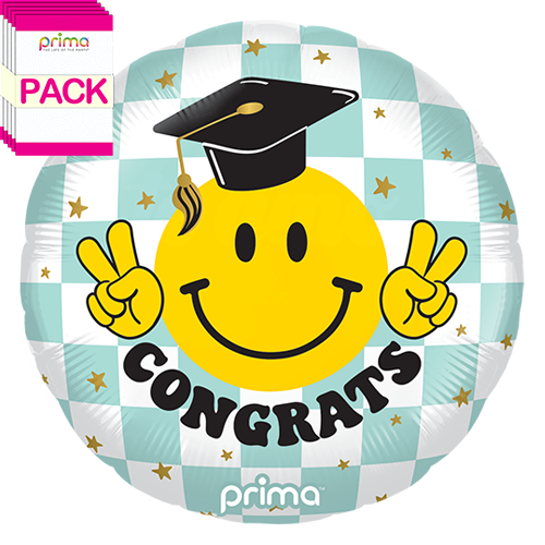 [PF-0157-18-50-1-BAND] 18" Round Congrats Smile Face Grad Checker (Pack of 5) - Prima