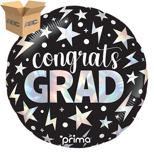 [PF-0161-18-50-1-CASE] 18" Round Congrats Grad Holographic Stars & Lightning Bolts (Case of 50) - Prima