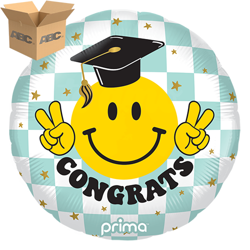 [PF-0157-18-50-1-CASE] 18" Round Congrats Smile Face Grad Checker (Case of 50) - Prima