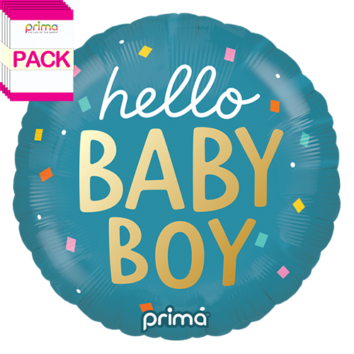 [PF-0065-18-50-1-BAND] 18" Round Hello Baby Boy Confetti (Pack of 5) - Prima